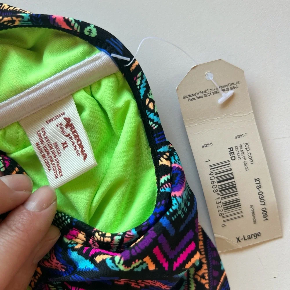Arizona Jean Company‎ Neon Green Lined Multicolor Tribal Swim Top